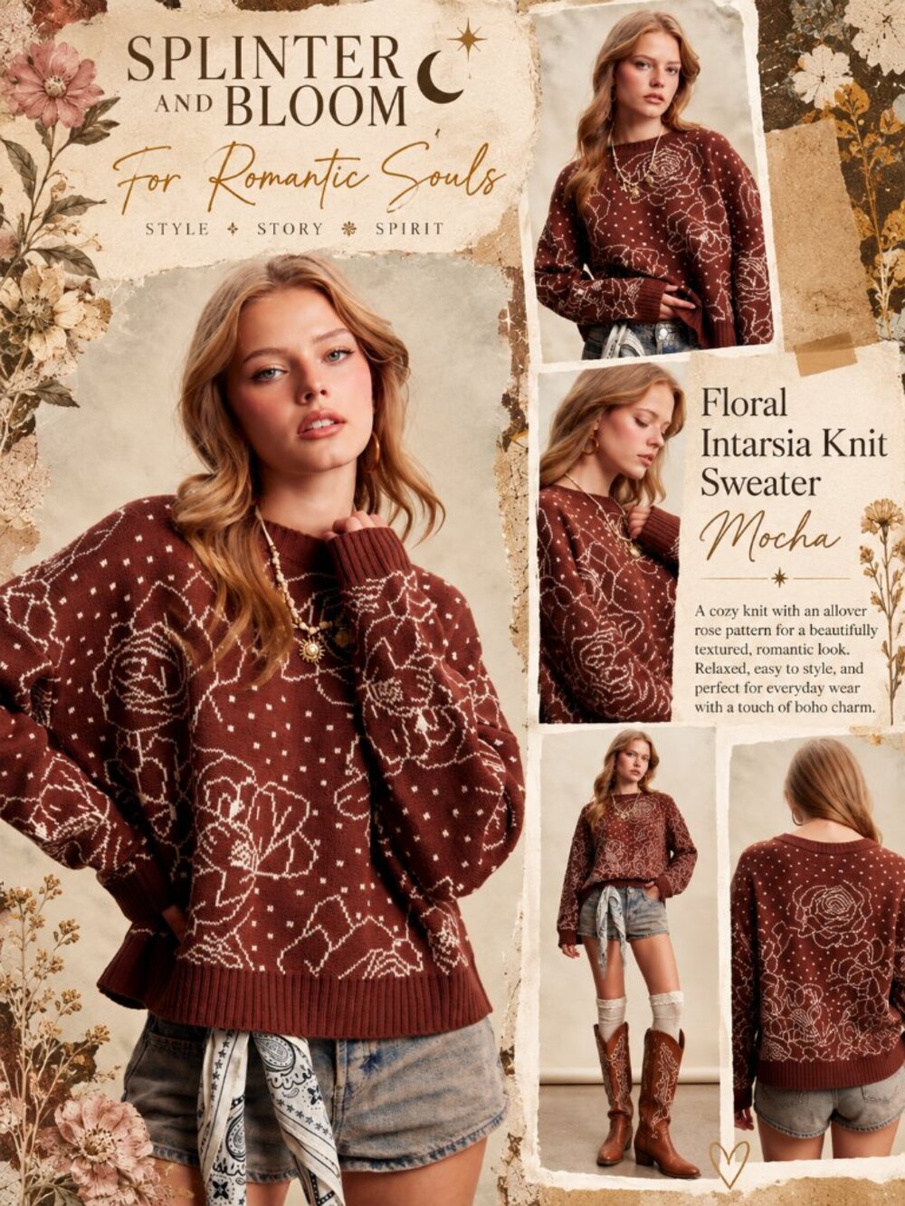 NWT Listicle Floral Intarsia Rose Knit Sweater Mocha Boho